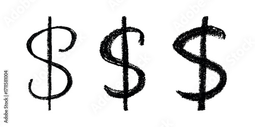 Set of hand drawn dollar currency symbol. Brush stroke doodle. Single element for design