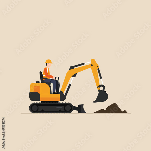 Construction worker operating yellow mini excavator, scooping pile of dirt on beige background