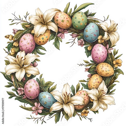 Watercolor Easter Eggs Among Cream Lilies and Lush Green Foliage Floral Wreath Illustration