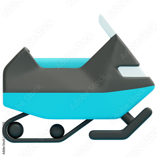 A vibrant 3D rendered illustration of a sleek snowmobile, modern blue and dark gray design, perfect for winter sports, recreation, and snowy adventures