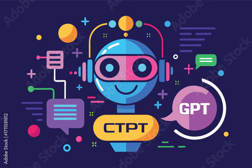Colorful robot character engaging with speech bubbles and digital icons in a creative design