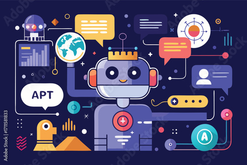 Creative robot illustration featuring global connections and data in a colorful digital landscape