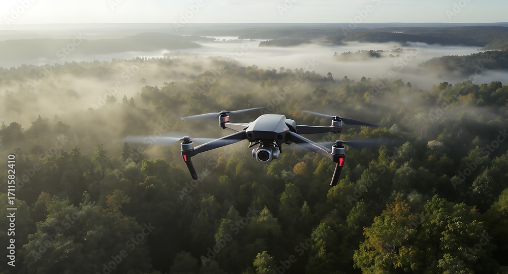 Fototapeta premium Advanced drone flying high above a serene, misty forest landscape during golden hour, capturing breathtaking aerial footage of nature.