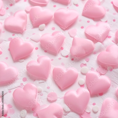 Pink hearts scattered on white background
