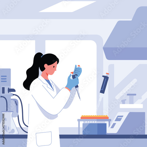 Flat vector illustration of a scientist doing research in a lab with scientific equipment