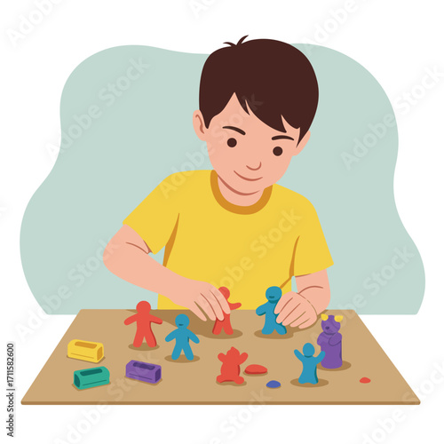 Child plays with colorful clay, shaping figures on a tabletop against a pale backdrop
