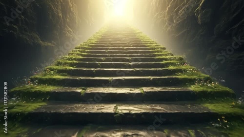 Ancient stone steps covered in moss leading upwards towards a divine, heavenly light in a dark cave.