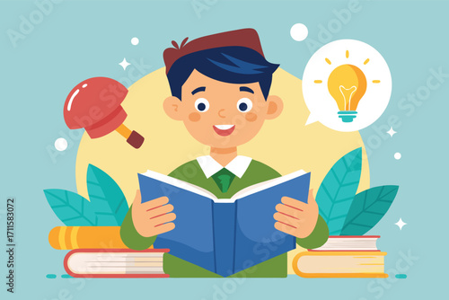 Young boy reading a book surrounded by colorful illustrations and bright ideas in a playful educational setting
