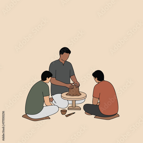 Man teaches pottery to two students sitting on cushions