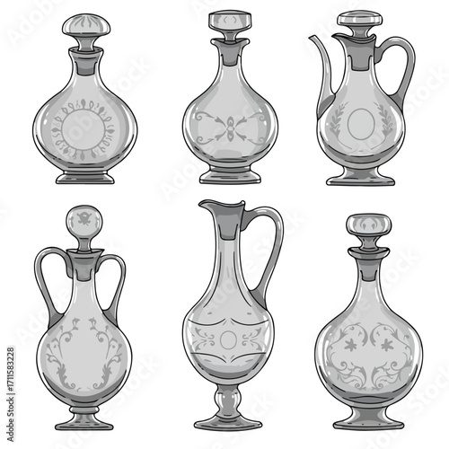 Six gray ornamented glass decanters and jugs are set against a plain white backdrop