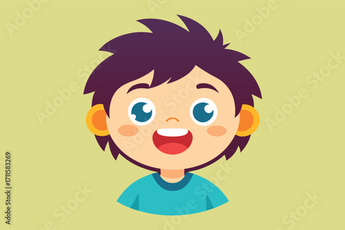 Happy cartoon boy with brown hair and blue shirt smiling brightly