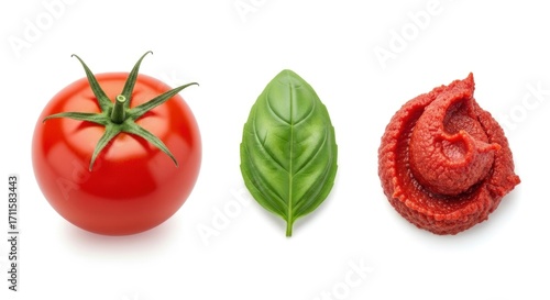 Fresh tomato, vibrant basil leaf, and rich tomato paste on white. Essential ingredients for Italian cuisine and healthy cooking.