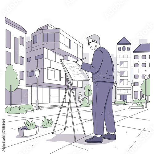 Architect drawing blueprints in a city square in front of buildings. Line art style