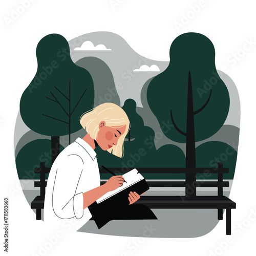 Woman with bob haircut writes in notebook, sits on park bench with trees and sky behind
