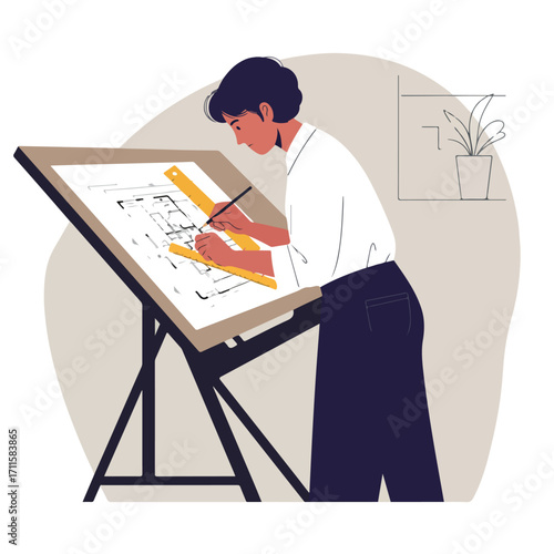 Architect drawing detailed blueprint plans on a slanted table in an office setting