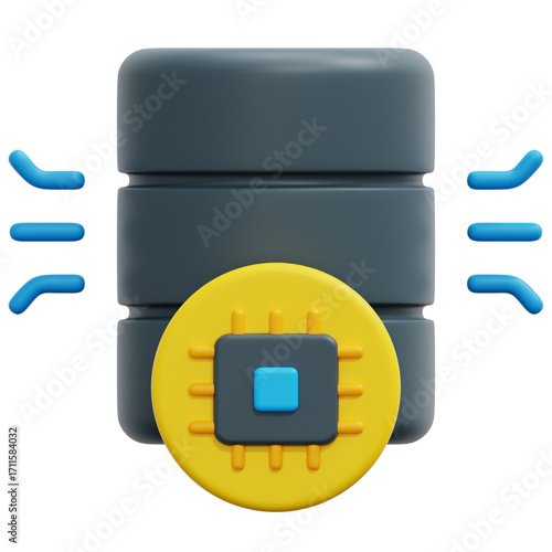 3D rendered illustration of a server database and a CPU chip, representing data storage, information processing and computing power in a tech environment