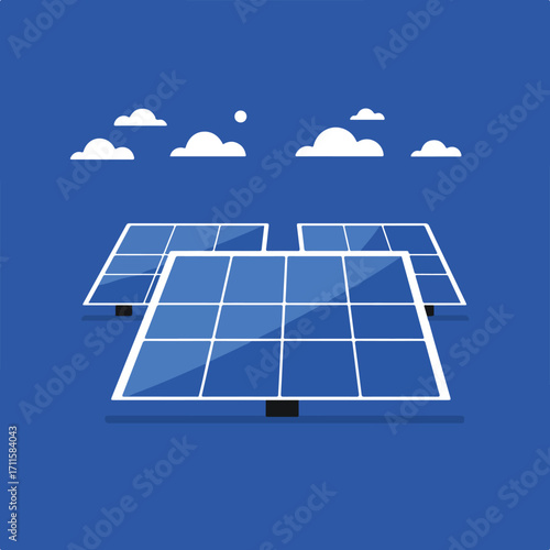 Solar Panels under Cloudy Sky, a symbolic illustration of clean energy concept on blue