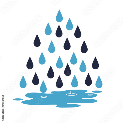 Raindrops fill a puddle in shades of blue, creating ripples in the calm body of water