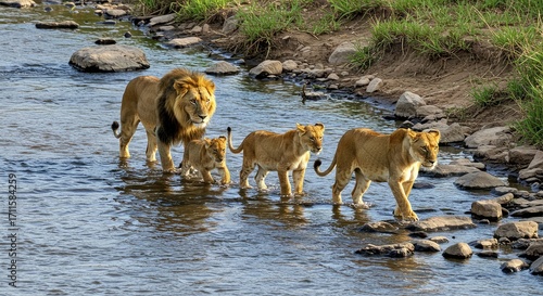 A lion family crossing a shallow river together.