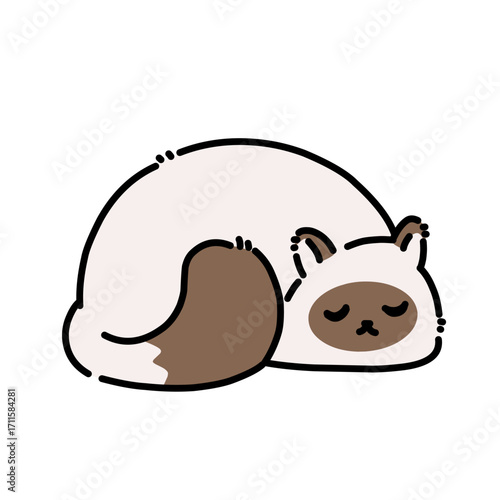 Cute cartoon siamese cat sleeping curled up, fluffy and relaxed illustration perfect for cozy, pet, and bedtime themes.