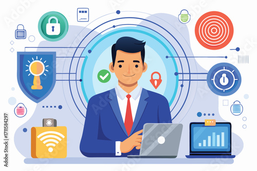 Professional man working with cybersecurity tools in modern digital environment