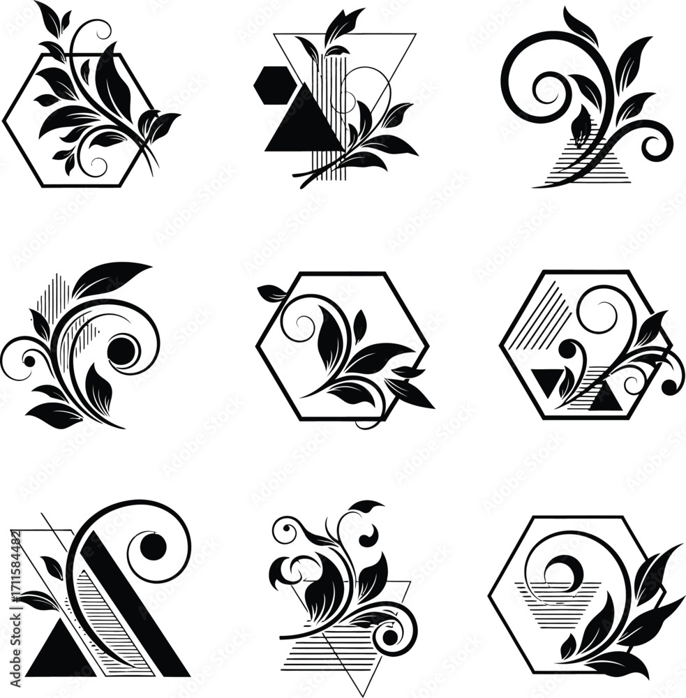 Fototapeta premium Collection of nine abstract geometric and floral decorative design elements in black and white