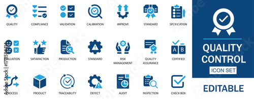 Quality Control Icon set. Includes editable vector icons for quality assurance, inspection, compliance, standards, and testing. Perfect choice for manufacturing, industrial, and business projects.