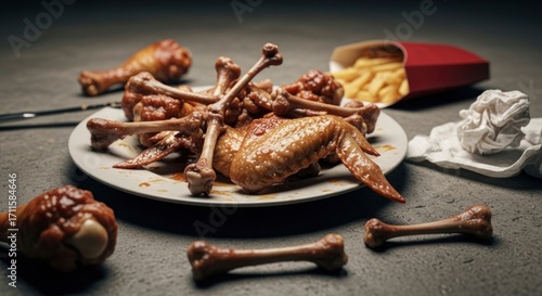 A plate filled with eaten chicken wings and bones, alongside a box of french fries and a crumpled napkin, on a dark, textured surface.