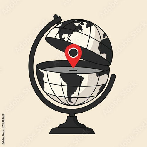 Stylized, halved globe, map pin on the interior, resting on a black stand