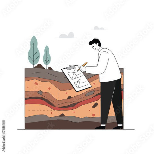 Man examines earth layers, taking notes, in a simplified, stylized graphic illustration