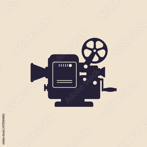 Stylized silhouette of vintage film camera on light tan background