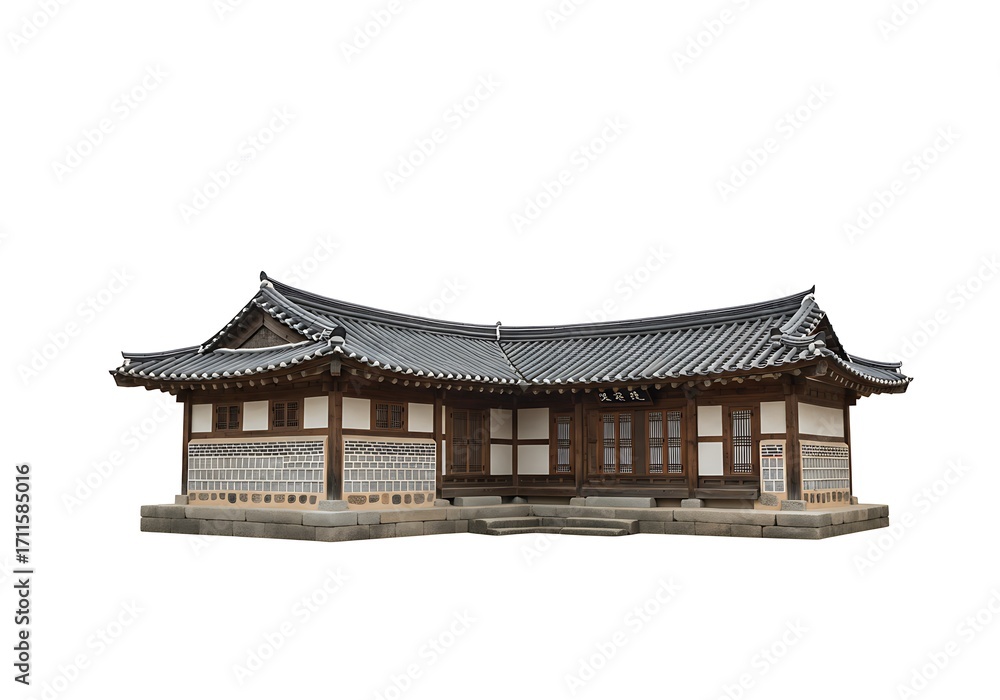 Obraz premium Exquisite traditional Korean Hanok architecture, showcasing classic Asian cultural heritage and intricate design details of an ancient building, isolated on a clean white background