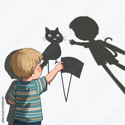 Child casts shadow puppets of a cat and a person, against a white wall background