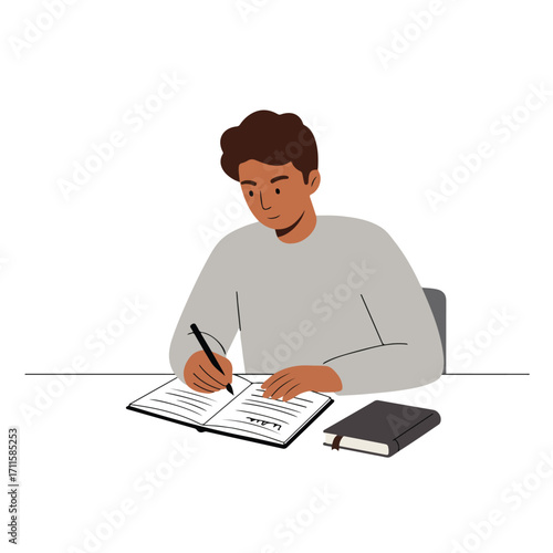 Person with brown hair writing in a journal at a desk next to a closed book