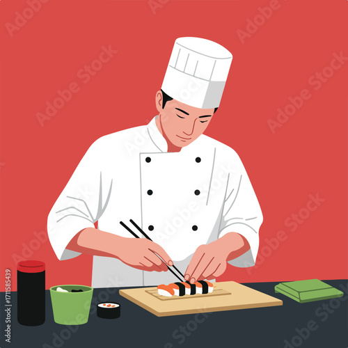 Illustration of a sushi chef preparing nigiri with chopsticks on a wooden board