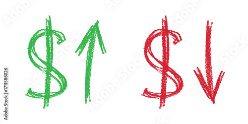 Hand drawn dollar currency symbol Growth and fall profit with arrow up and down Brush stroke doodle Element for design