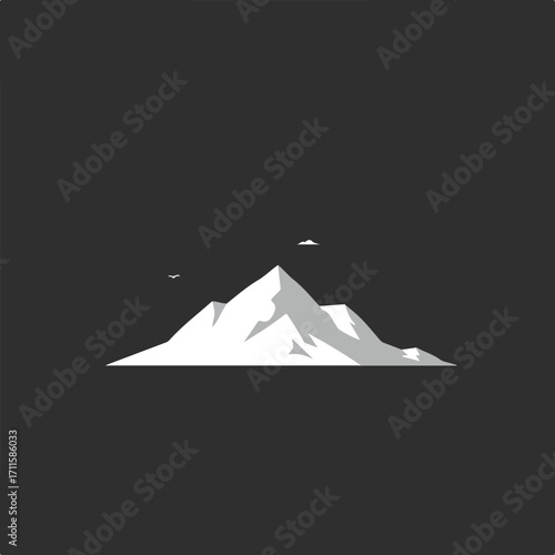 Minimalist graphic of a mountain range with birds against a solid dark grey background