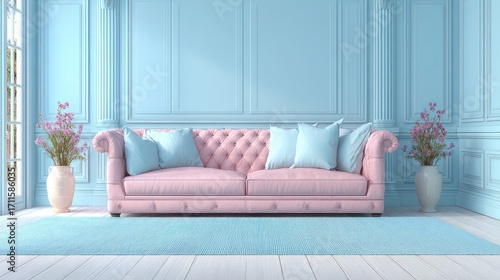 Pastel Pink Tufted Sofa with Light Blue Cushions in Elegant Living Room