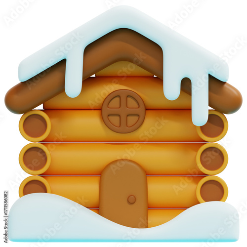 Charming 3D rendered winter log cabin, nestled under a blanket of pristine white snow, evoking a cozy, festive, and warm holiday atmosphere for seasonal designs