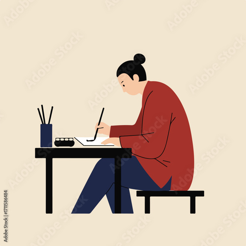 Person sits, writing with a brush on paper at a small table in a minimalist style
