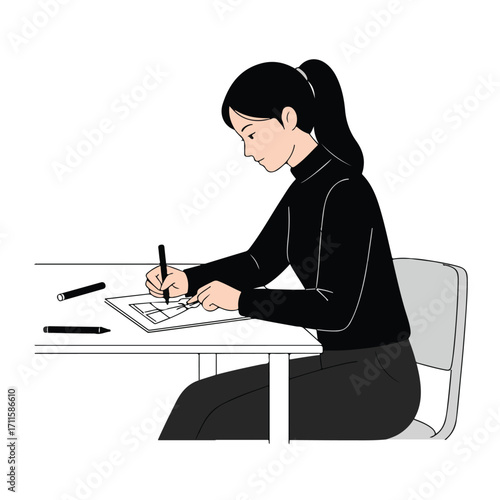 A woman with ponytail, wearing black, drawing or designing a plan on a table with pens