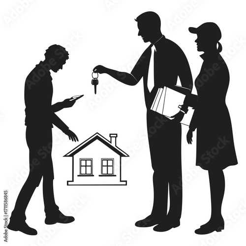 Silhouette of a Real Estate Agent Handing Over House Keys Vector Illustration