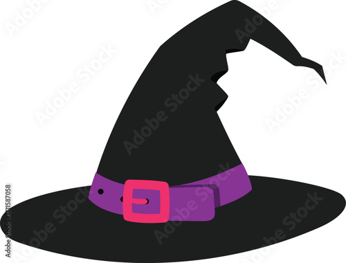 black with hat with purple belt for Halloween decoration, witch hat costume isolated illustration