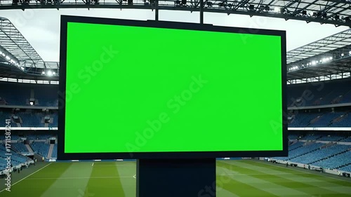 Green Screen Jumbotron in Empty Sports Stadium. Large digital billboard display for chroma key compositing, advertising, or live event content.