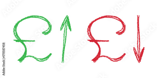Hand drawn british pound currency symbol Growth and fall profit with arrow up and down Brush stroke doodle Element for design