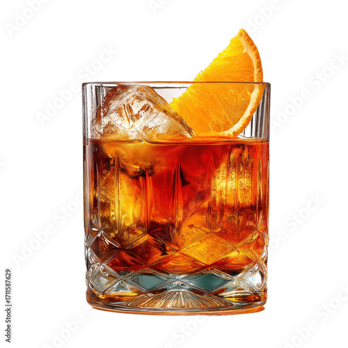 Old fashioned cocktail glass with orange slice garnish over large ice cube, amber whiskey drink with crystal tumbler texture, warm moody bar atmosphere, inviting classic cocktail