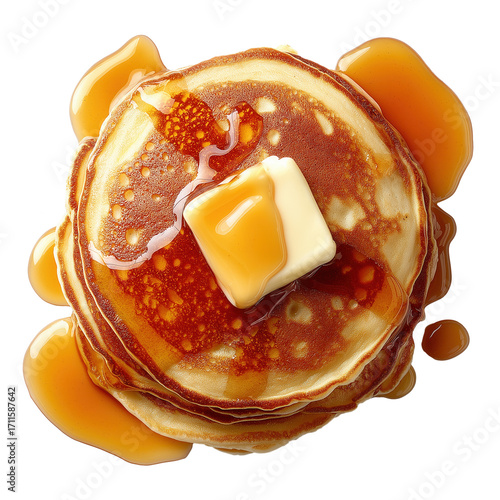 Fluffy pancake stack with melting butter and amber syrup drizzling over golden layers, overhead food close up showing texture and shine, warm appetizing breakfast scene