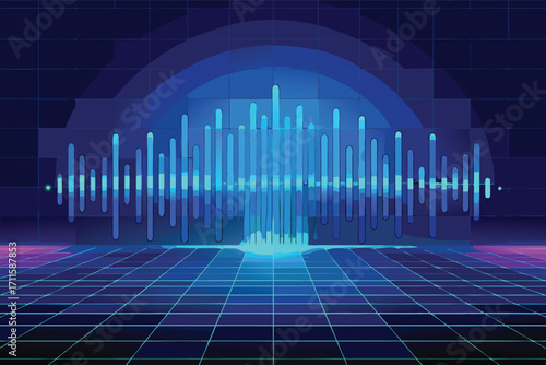 Visual representation of sound wave patterns delivered in vibrant blue tones over a grid background