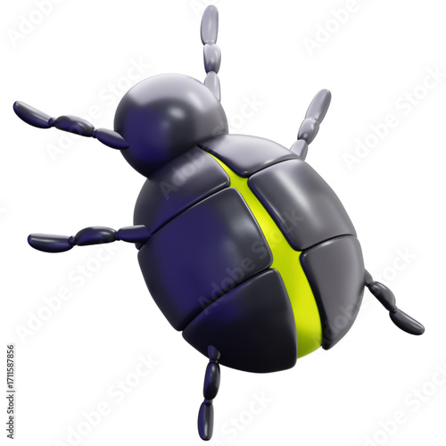 A futuristic 3D rendering of a stylized robotic beetle, featuring a sleek black shell with a vibrant glowing neon green stripe
