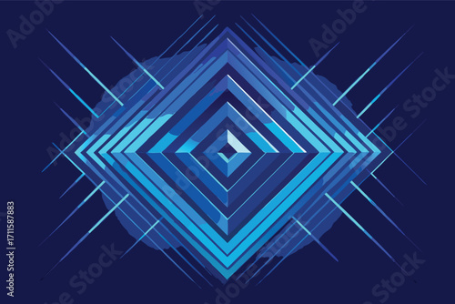 Vibrant geometric design featuring layered blue diamond shapes against a dark background